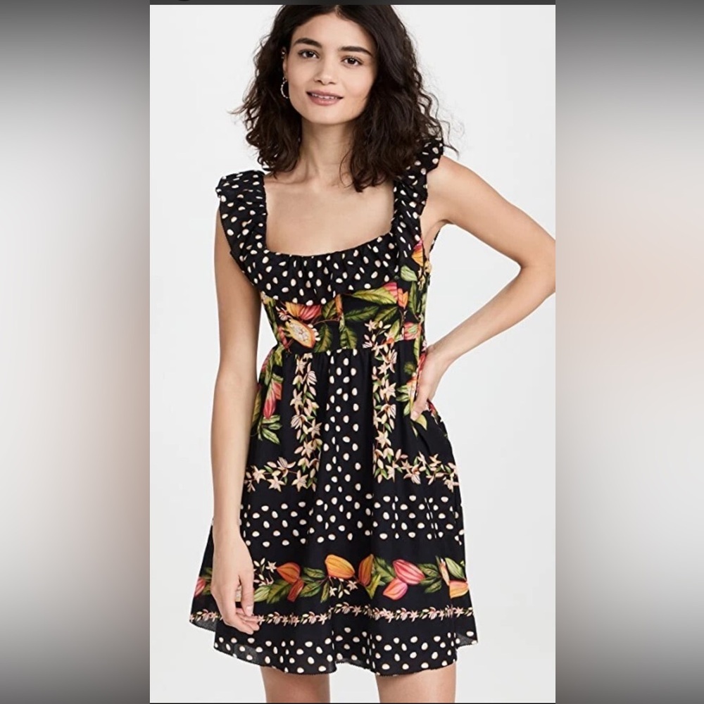 Farm Rio Cocoa Paradise Dress, size Small, NWT, Ruffle Neckline polka dot